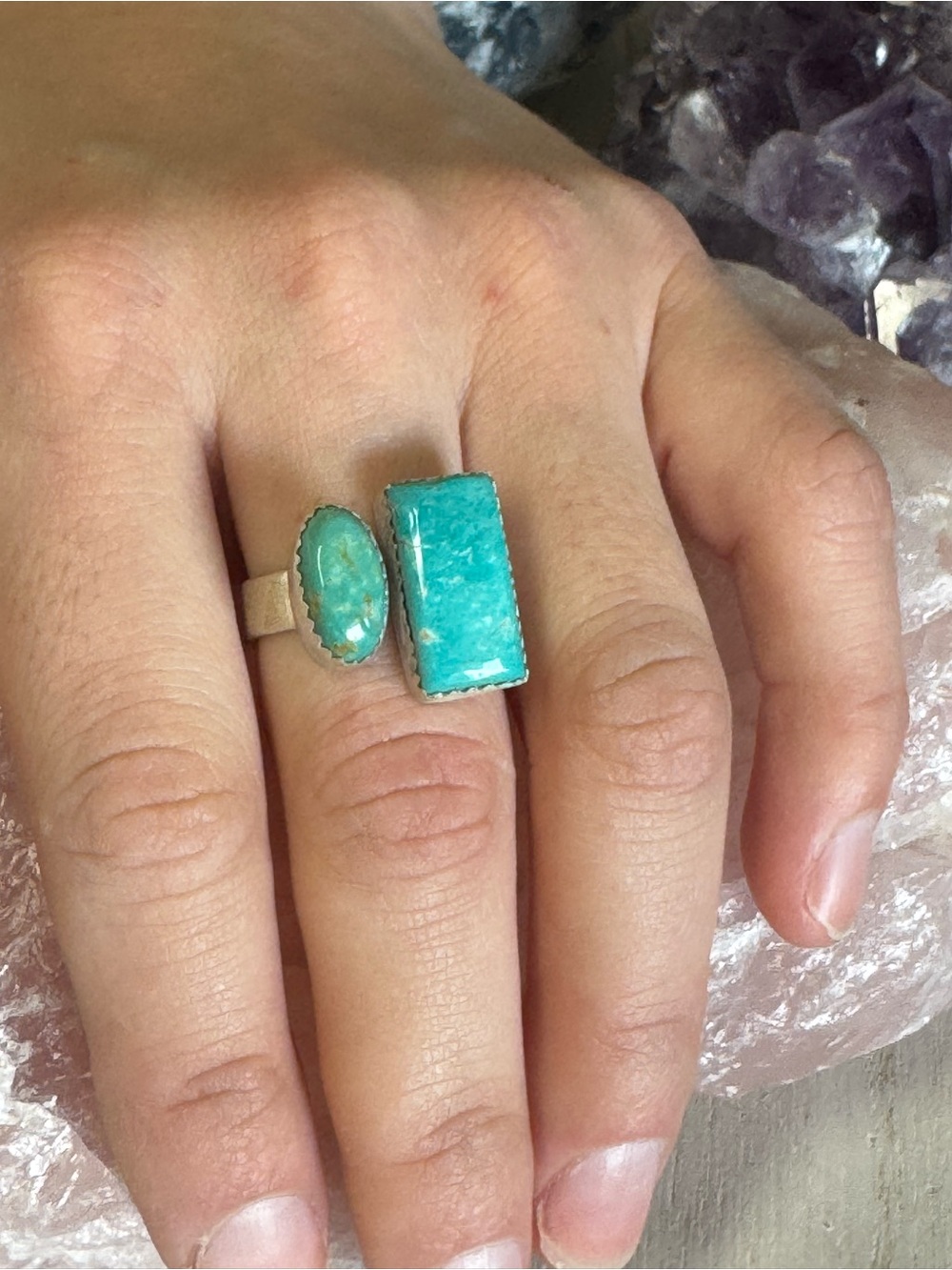 White Water Turquoise Sterling Silver Double Stone Floater Statement Ring